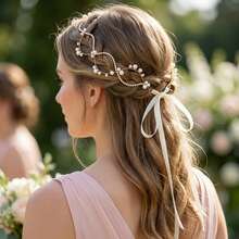 1pc Handmade Faux Pearl & Rhinestone Bridal Headband, Gold Tone Wavy Hair Vine With Ribbon, Elegant Wedding Headpiece For Brides & Bridesmaids,Elegant Faux Pearl Crystal Hair Vine, Bohemian Bridal Headband With Ribbon Tie, Romantic Wedding & Party Hair Accessory For Women,Glam Gold Faux Pearl & Rhinestone Hair Chain, Delicate Wavy Bridal Headband, Adjustable Wedding Hair Accessory For Special Occasions,Festival,Birthday - Gold - View 4