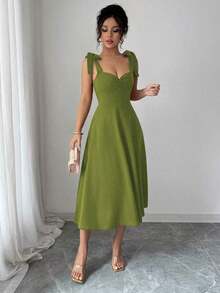 elegante y romántico para mujer con lazo decorativo en la cintura y corte evasé sin mangas - Verde militar - Ver 3