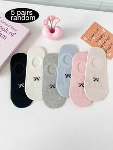 5 đôi tất nữ kiểu thuyền ngẫu nhiên, tất mùa hè thắt nơ, tất mỏng miệng nông vô hình cho nữ, tất thường ngày không gọng chống trơn trượt, tất kiểu sinh viên. - Nhiều màu - Xem 9