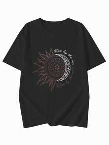 Camiseta de moda femenina de verano de manga corta camiseta de moda casual al aire libre 'sol y luna' estampada camiseta casual femenina suelta - Negro - Ver 3