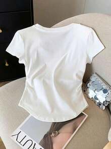 Camiseta de mujer de manga corta de cuello redondo y unicolor, minimalista y de moda para el verano - Blanco 2 - Ver 2