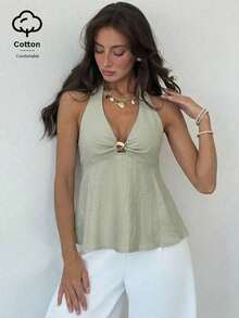 Camisa de lino con decoración metálica en la cintura, corte evasé para mujer, primavera/verano - Verde - Ver 7