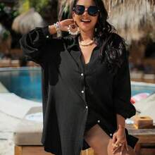 Swim Vcay Women Plus Size Single Stripe Button Down Long Sleeve Blouse, Resort Beach Casual Cover Up For Summer Beach Vacation - Albaricoque - Ver 6