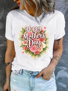 Camiseta Feliz Día de la Madre | Presenta un estampado en forma de corazón de flores rosas y durazno, manga corta casual, cuello redondo, ajuste cómodo, tejido elástico medio, adecuada para todas las estaciones, un regalo perfecto para madres y abuelas - Blanco - Ver 2