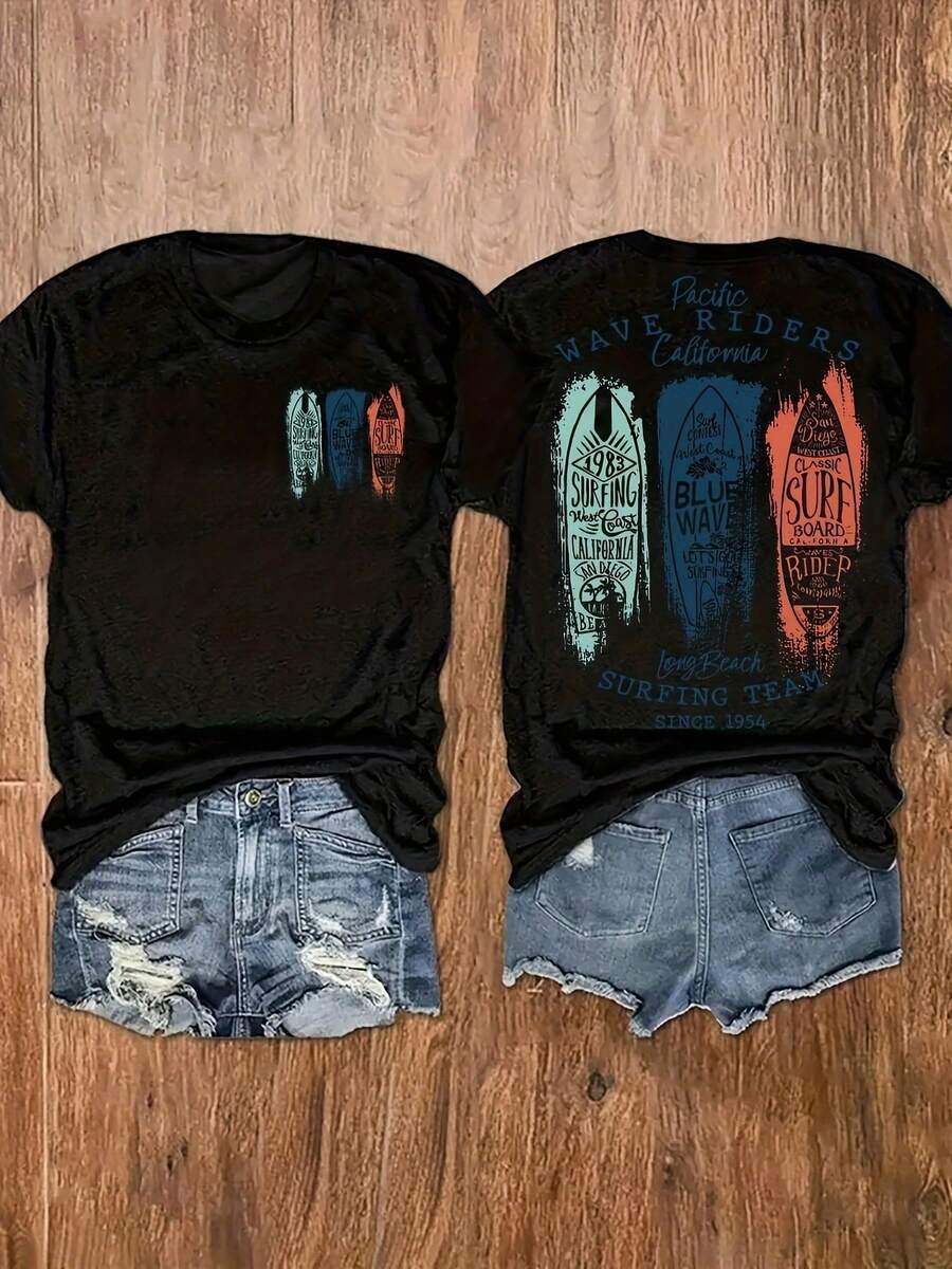 Camiseta con Estampado Gráfico, Manga Corta, Cuello Redondo, Top Casual para Verano y Primavera, Ropa de Mujer, Camiseta de Algodón Cómoda - Negro - Ver 1