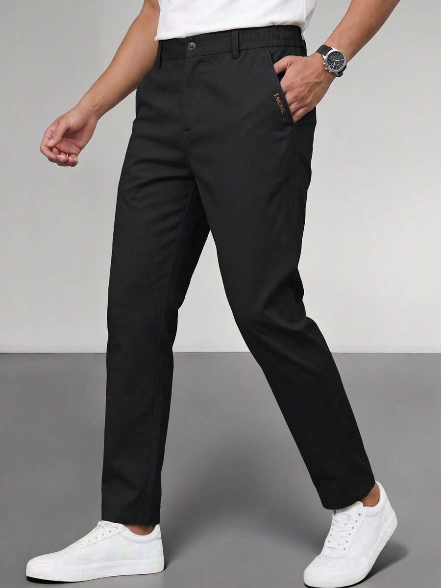 Men's Solid Color Casual Tapered Pants With Pockets - Black - View 1