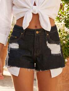 Women's Slim Ripped Denim Shorts Mid Rise Distressed Jean Shorts Frayed Hem Summer Bottoms - Dark Grey - View 4