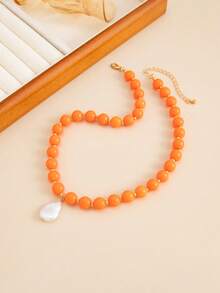 1pc Bohemian Style Geometric Colorful Acrylic Beaded Asymmetric Baroque Faux Pearl Pendant Charm Jewelry Necklace, Luxurious & Elegant, For Wedding, Banquet, Vacation, Party, Daily Casual, Street Style, Women, Couples, Holiday, Birthday, Versatile Necklace Gift - Necklace - View 12