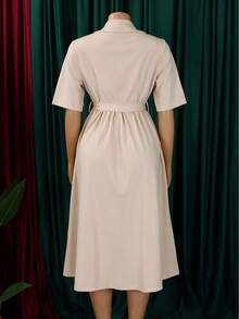 New 2026 Women's Summer Dress Lapel Collar Short Sleeve Solid Color High Waist Flared - 杏色 - 查看 2