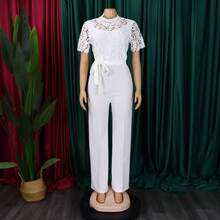 New Women's Jumpsuit European American Style Hollow Lace Short Sleeve High Waist Lace-Up Wide Leg Sexy - 白色 - 查看 4