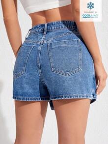Envoltorio de falda pantalón denim con dobladillo asimétrico de unicolor - Azul - Ver 2