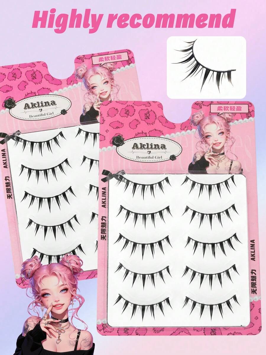 5 Pairs Doll-Style Natural Look False Eyelashes - Transparent Fiber Cartoon Style Lashes, Suitable For Cosplay, Reusable - Black - View 1