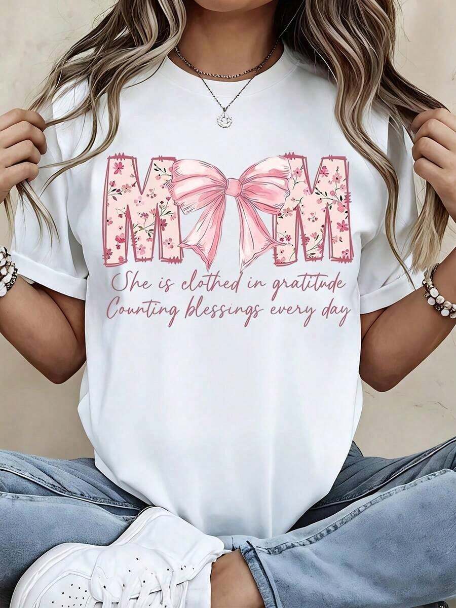 Mamá Está Ropada de Gratitud Contando Bendiciones Cada Día Camiseta Floral con Lazo para Mujer Blanca de Algodón Casual Regalo para el Día de la Madre |   Diseño exquisito |   Suelto y cómodo |   Fácil de combinar | - Blanco - Ver 1