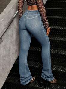 Women's Casual Pocketed Mid-Waist Skinny Flare Jeans - Azul 3 - Ver 2