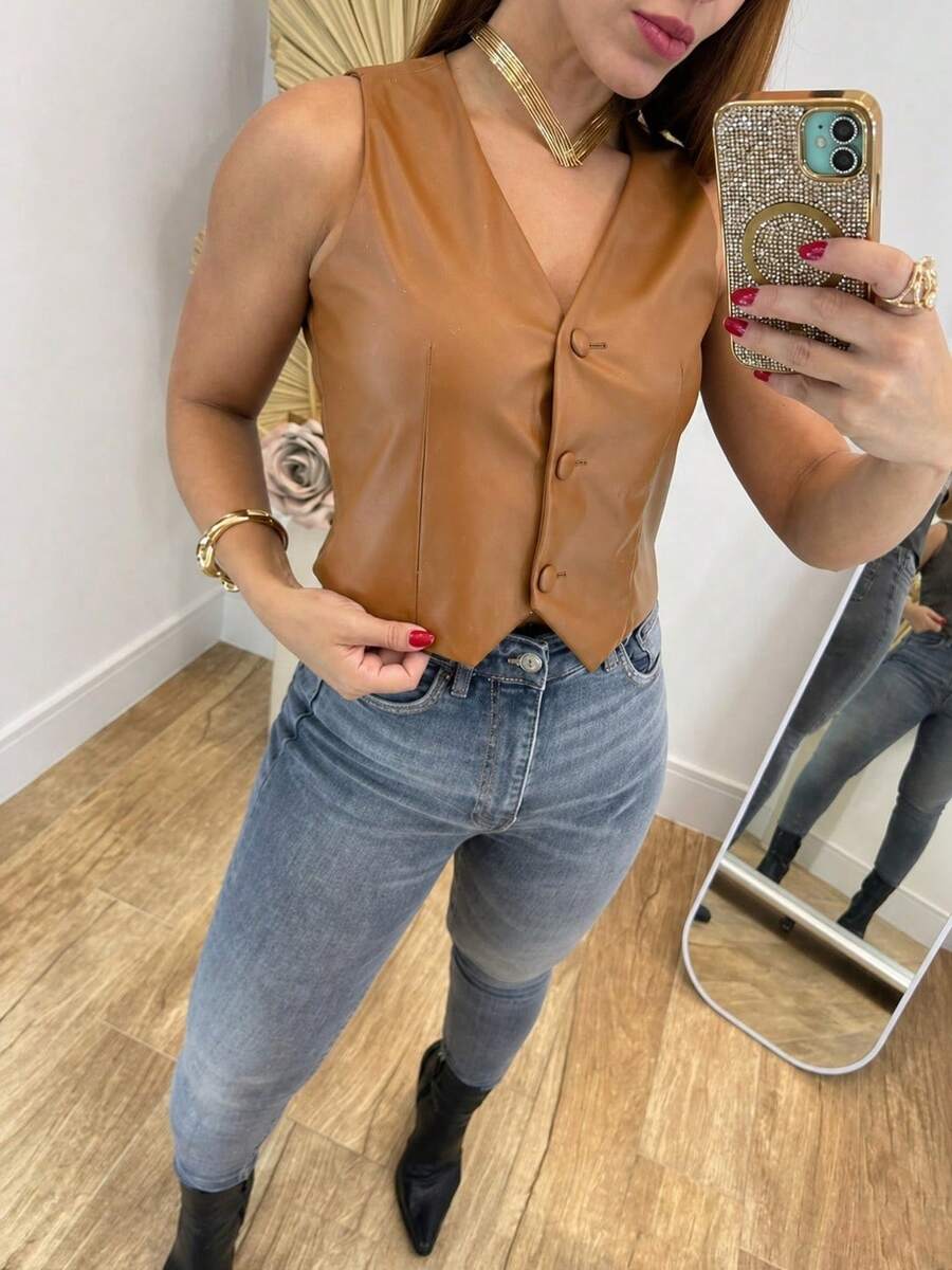 Short Faux Leather Dress Vest With Buttons, V-Neck, Sleeveless. - Caramel Faux Leather - View 1
