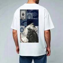Camiseta de manga corta con estampado de caballo en blanco y negro estilo retro americano, unisex, estilo urbano, holgada y de gran tamaño, estilo para parejas. - Blanco - Ver 4