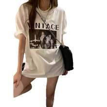 Camiseta de manga corta 100% algodón para mujer,  2025, estilo coreano estudiantil, estilo urbano americano, top holgado versátil europeo y americano. - Blanco - Ver 5