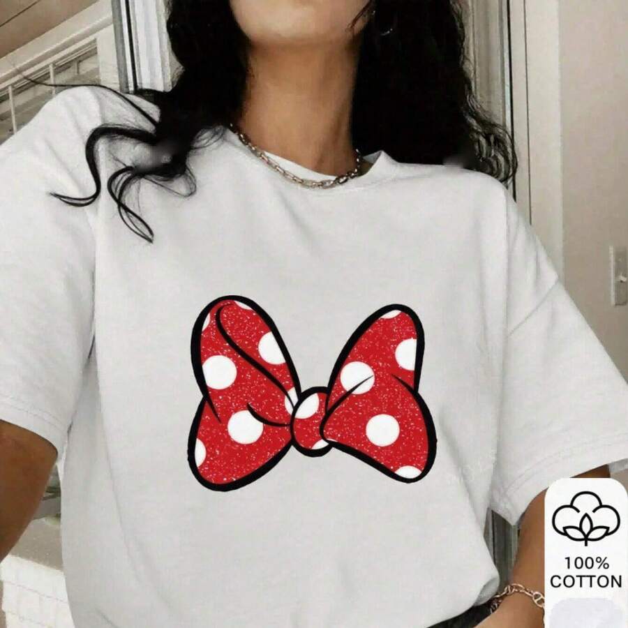 Camiseta de mujer de verano, nueva, con estampado de lazo, cuello redondo y manga corta, para comercio exterior transfronterizo europeo y americano. - Blanco - Ver 1