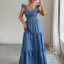 Elenzya Vestido largo de unicolor para mujer, vestido largo estilizante con cintura elástica y parches, elegante y de moda para uso diario, cenas y citas, primavera/verano - Azul - Ver 4