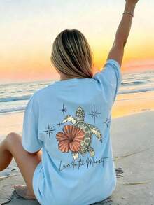 Women's Summer Turtle, Flower, And Letter Print T-Shirt, Casual Loose Round Neck, For Beach Vacation - Green - View 11