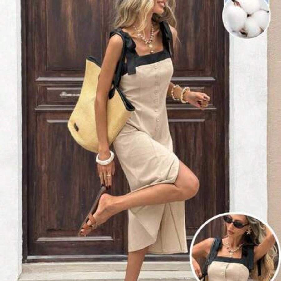 Women's Summer Vacation Casual 100% Cotton Colorblock Lace-Up Front Button Midi Dress,Black Colorblock Midi Dress,Contrast Edging ,For Women Vacation Outfits Woman Beach Outfits For Woman Dresses For Women Elegant Sundress Business Casual Woman,Casual Dresses For Women Summer Vacation Outfits Wedding Guest Dress For Women Carnival Dress ,Summer Dress,Summer Dresses For Women - Multicolor - Ver 1