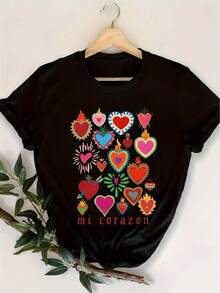 Camiseta de Mujer% Algodón, Camiseta Casual para Mujer Hecha de Tela de Alta Calidad de 180G, Cómoda y con un Vibrante Estampado del Día de Muertos que Incluye Maracas y Sombrero, Lavable aáquina, Cuello Redondo para Atuendos Festivos de Verano y Primavera. Ligera, transpirable, éxito de  en verano. - Negro - Ver 8