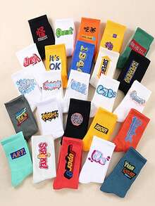 1/5/10/20雙 青少年男童時尚休閒長襪，舒適柔軟中筒襪，中性街頭風運動籃球襪，適合日常穿著 - 彩色 - 查看 1