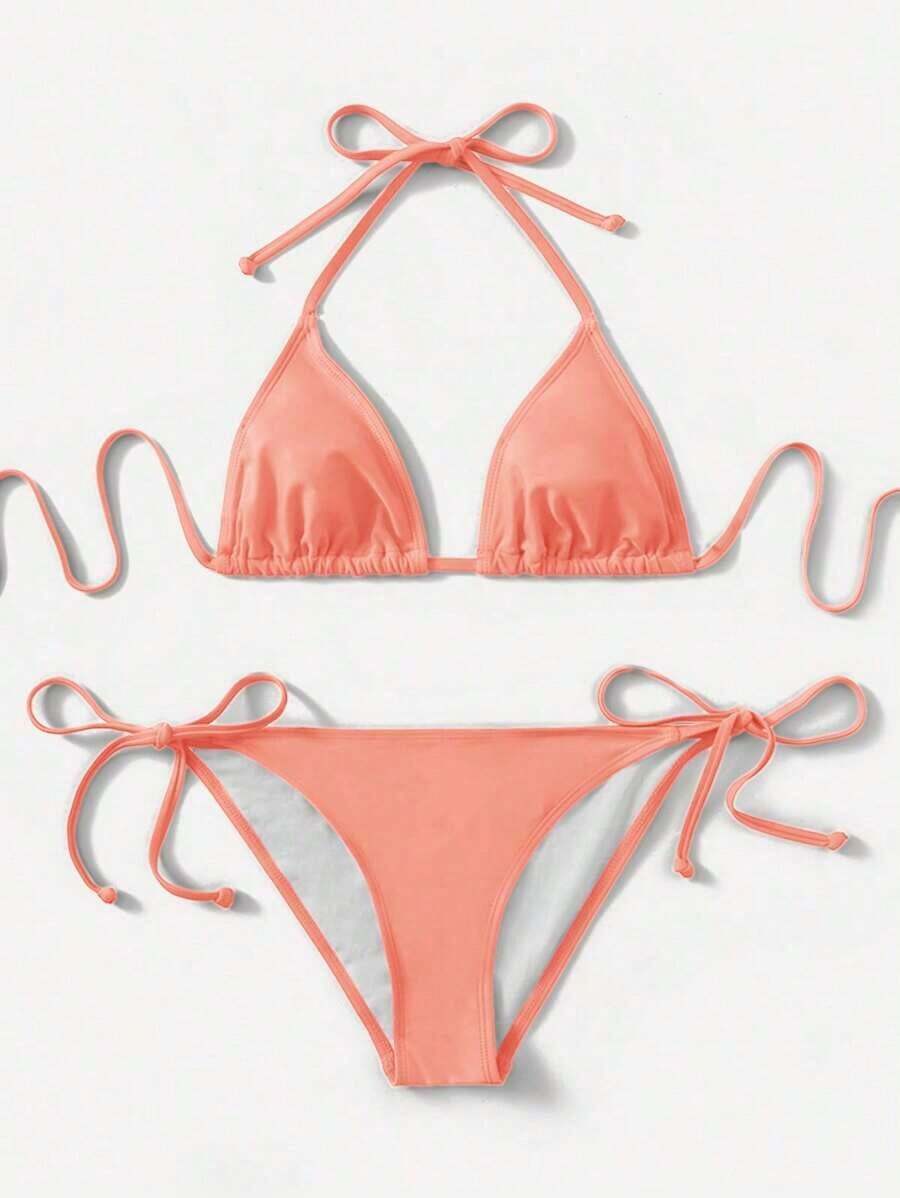 Women's Simple Solid Color Swim Bikini With A Halter Neck And Cutout, Suitable For Beach Vacations And Summer. - Coral Orange - View 1