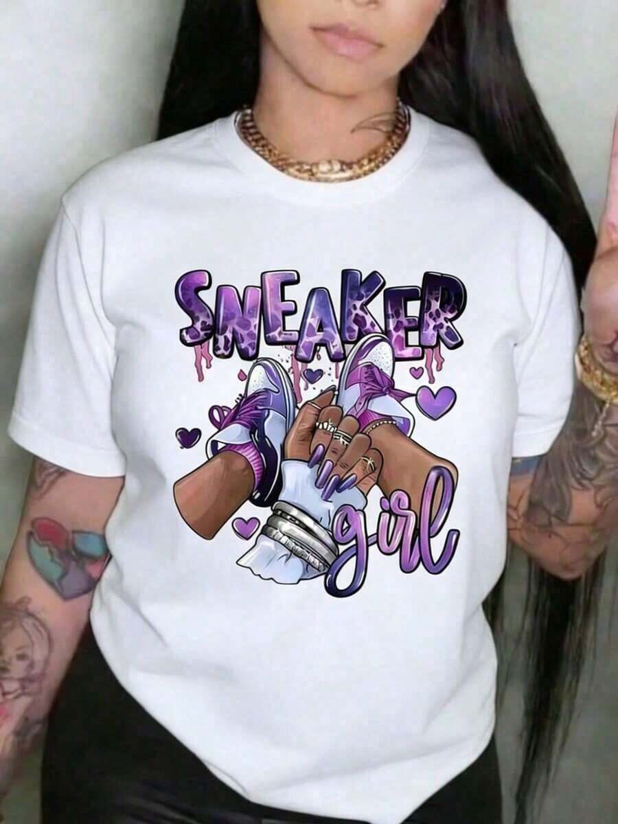 1 Piece [Sports T-Shirt] For Women, "Sneaker Girl" Style, With Purple Leopard Print And Text, 100% Cotton, Soft And Breathable, Casual Short-Sleeved T-Shirt, Easy To Match For Summer Or Everyday Comfort. | Relaxed Fit | 180g 100% Cotton - 白色 - 查看 1
