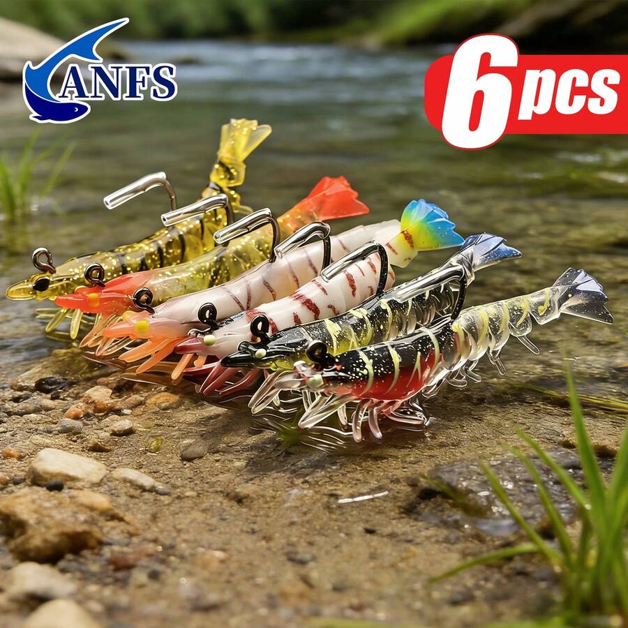 Bộ 6 mồi tôm mềm, mồi tôm kèm lưỡi câu - Dụng cụ câu cá nước ngọt và nước mặn dành cho cá vược, cá hồi, cá trê, cá salmon.
