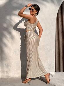 AIJ Amarilo Women's Summer Casual Striped One-Shoulder Ruffle Crop Top And Ruffle Fishtail Skirt 2-Piece Set (Random Print) Elegant - Cream White - View 8