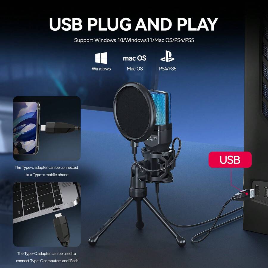 Micrófono de juego capacitivo RGB USB con conector USB-C Plug And Play, apto para computadora, portátil, teléfono, grabación, transmisión en vivo, podcast, diseño de paleta