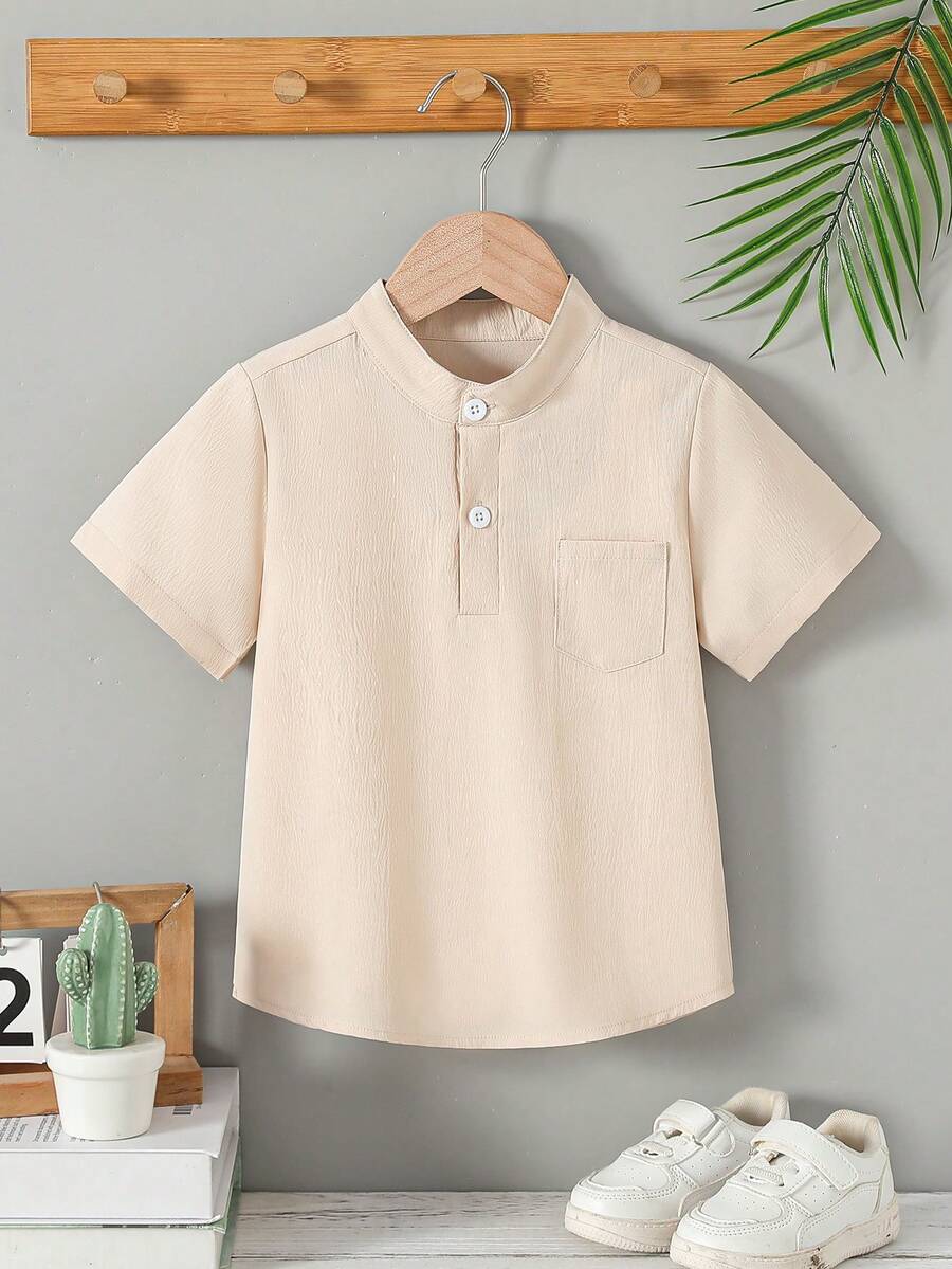 儿童夏季高弹力褶皱立领短袖衬衫 + 卡其色纹理面料男女童 Polo 衫 - 白色 - 查看 1
