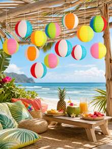 15pcs Pool Party Decorations, Beach Ball Paper Lanterns, Hawaiian Theme Hanging Decor For Home, Birthday, Outdoor & Indoor - Multicolor - View 7