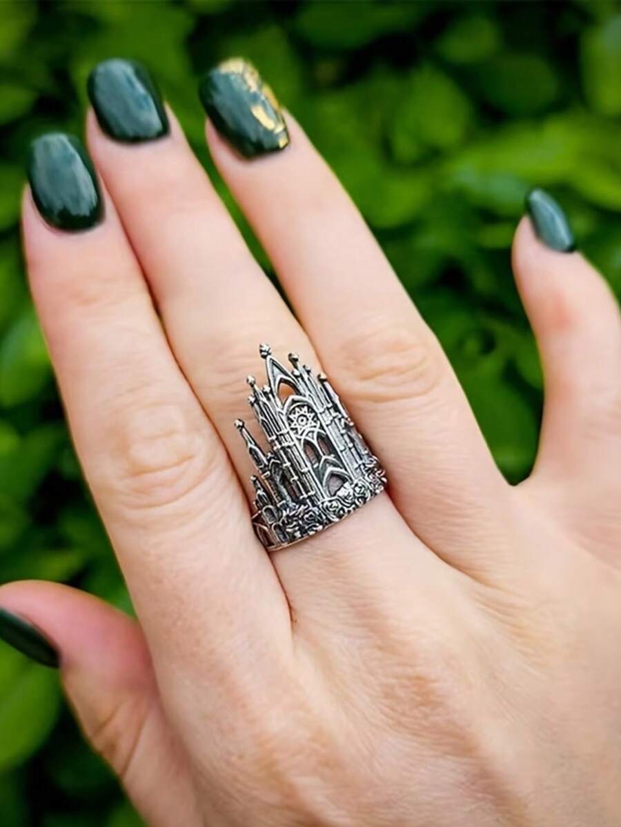 GuoShuang 1pc Vintage Castle Hollow Cross Open Ring - Antique Silver - View 1