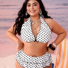 Swim Mod Plus Size Women 2pcs Black Polka Dot Print Halter Tie Sexy Beach Vacation Bikini Swimsuit - Azul Marino - Ver 7