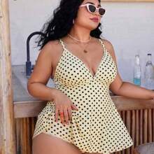 Swim Mod Plus Size Women's Polka Dot Print Deep V-Neck Ruffle Top Paired With Regular Trousers, Flattering Silhouette Beach Atmosphere Women's Swimwear Set - Multicolor - Ver 1