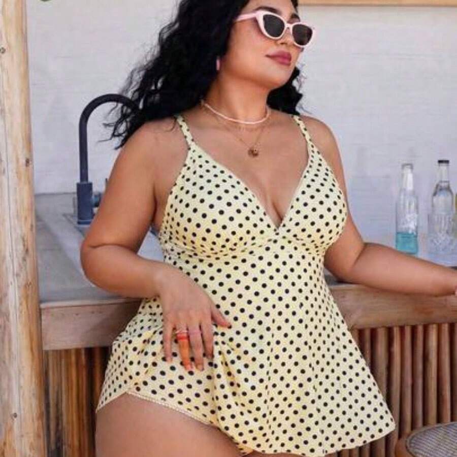 Swim Mod Plus Size Women's Polka Dot Print Deep V-Neck Ruffle Top Paired With Regular Trousers, Flattering Silhouette Beach Atmosphere Women's Swimwear Set - Multicolor - Ver 1