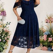 Cravure Plus Size Elegant Off The Shoulder Summer Women Outfit Spring Dress Evening Dress Formal Women Dresses Backless Lace Dress Wedding Women Dress - Azul Marino - Ver 4
