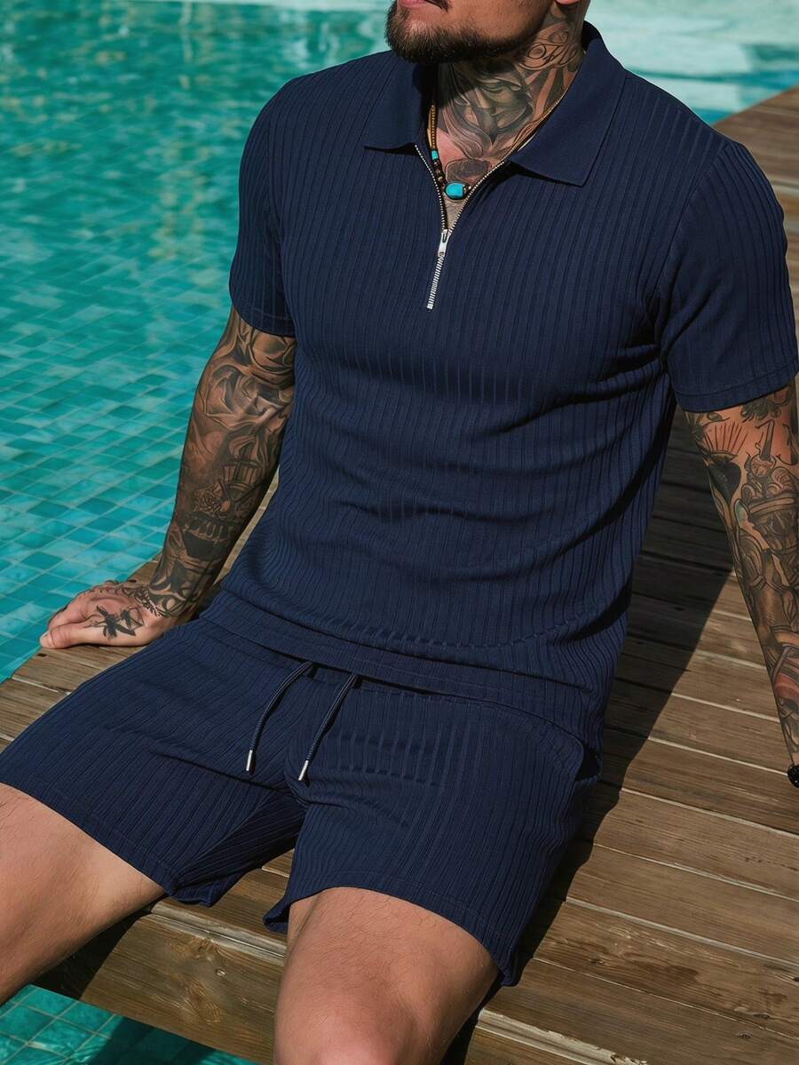Bộ đồ thể thao nam JINYA mùa hè, phong cách retro, nhẹ nhàng, gồm áo polo và quần short, thích hợp mặc ở nhà, văn phòng, ngoài trời, thành phố, thường ngày, đường phố, phong cách trẻ trung, học đường, cổ điển, đa năng, chất lượng, cá tính, thể thao, nghỉ mát. - Màu xanh lam - Xem 1