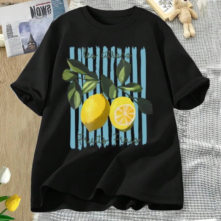 Women's Short-Sleeved T-Shirts, 100% Cotton, Round Neck, Watercolor Lemon Print T-Shirt "Les Citrons", One-Sided Print, Casual Short-Sleeved Top, Striped Background And French Quote T-Shirt, Breathable Summer Style For Women's Daily Wear. - 黑色 - 查看 1