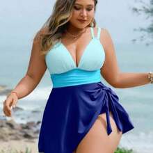 Swim Lushore Plus Size Women's Three-Color Patchwork Criss-Cross Strap Swimdress With Swimshorts 2 Pieces Set - Azul - Ver 1