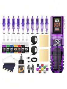 DQFART Kit de pistola de tatuaje inalámbrica con fuente de alimentación de 1600mAh, pantalla digital, incluye aguja de tatuaje, tinta de tatuaje y kit completo de bolígrafo de tatuaje. Ideal para principiantes, es un excelente regalo festivo para familiares, amigos y seres queridos. - Multicolor - Ver 2