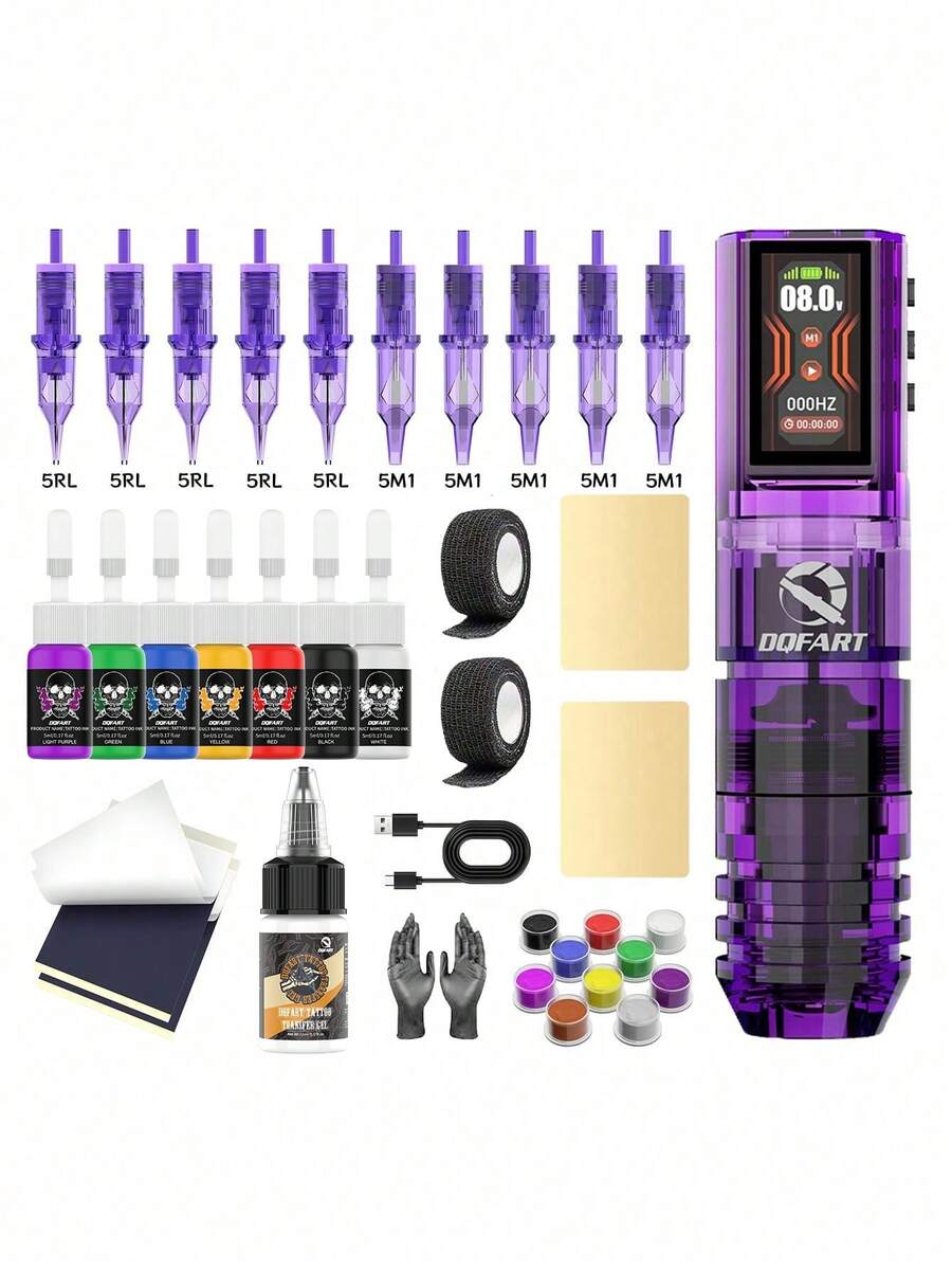 DQFART Kit de pistola de tatuaje inalámbrica con fuente de alimentación de 1600mAh, pantalla digital, incluye aguja de tatuaje, tinta de tatuaje y kit completo de bolígrafo de tatuaje. Ideal para principiantes, es un excelente regalo festivo para familiares, amigos y seres queridos.