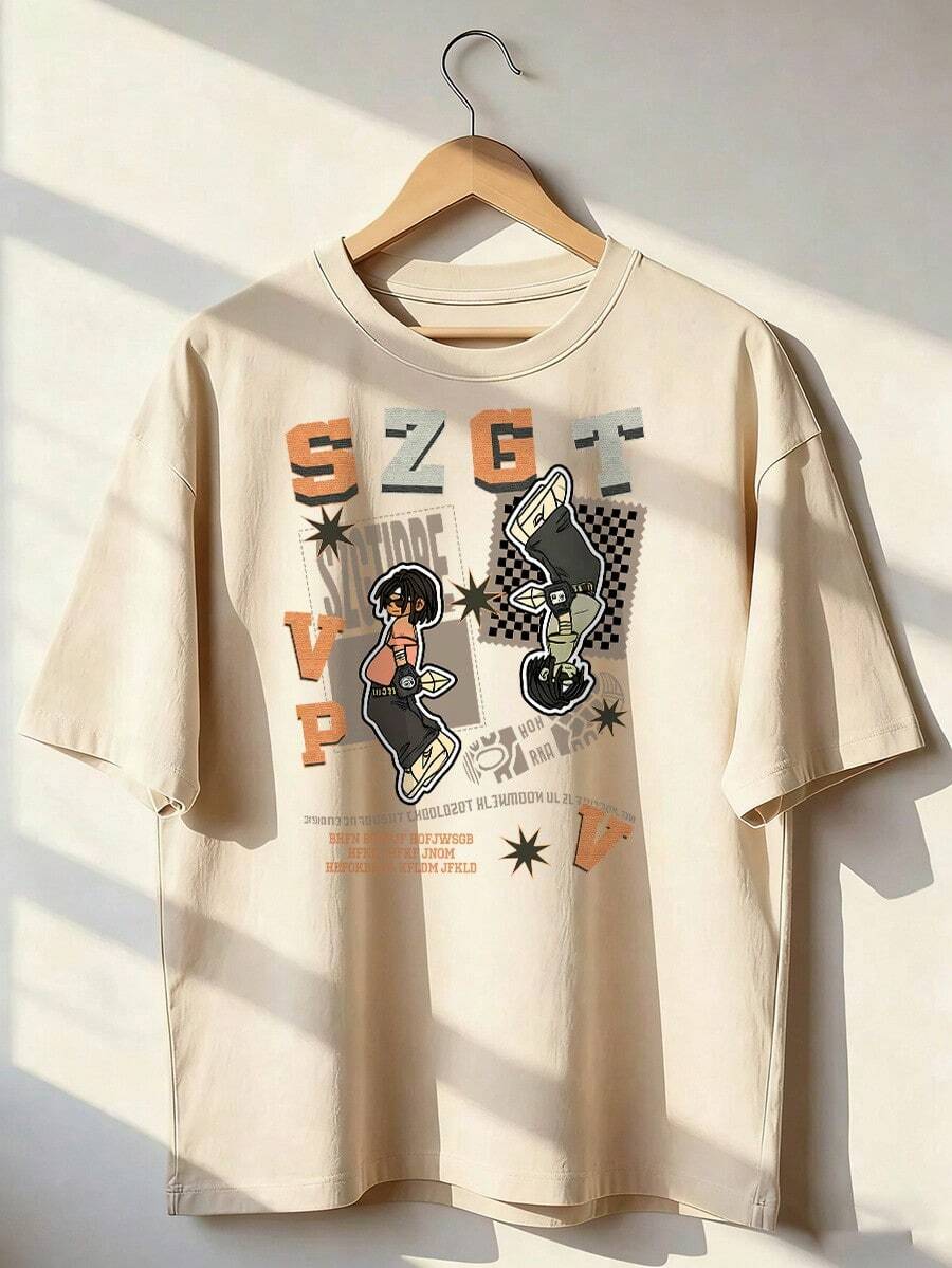 Retro Streetwear Short Sleeve T-Shirt In Orange And Gray. Short Sleeve T-Shirt For Spring And Summer 2026, Made In Mexico, 180 Grams. Cartoon Print, Couple Design, Suitable For Indoor Or Outdoor Wear. Crew Neck, Unisex, Ideal For Office And Leisure. One-Pack. - APR-P631577SLNDXZGY404 - 查看 1