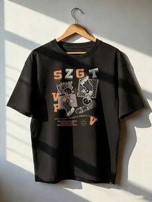 Retro Streetwear Short Sleeve T-Shirt In Orange And Gray.  Short Sleeve T-Shirt For Spring And Summer 2026, Made In Mexico, 180 Grams. Cartoon Print, Couple Design, Suitable For Indoor Or Outdoor Wear. Crew Neck, Unisex, Ideal For Office And Leisure. One-Pack. - BK-P631577SLNDXZGY404 - 查看 1