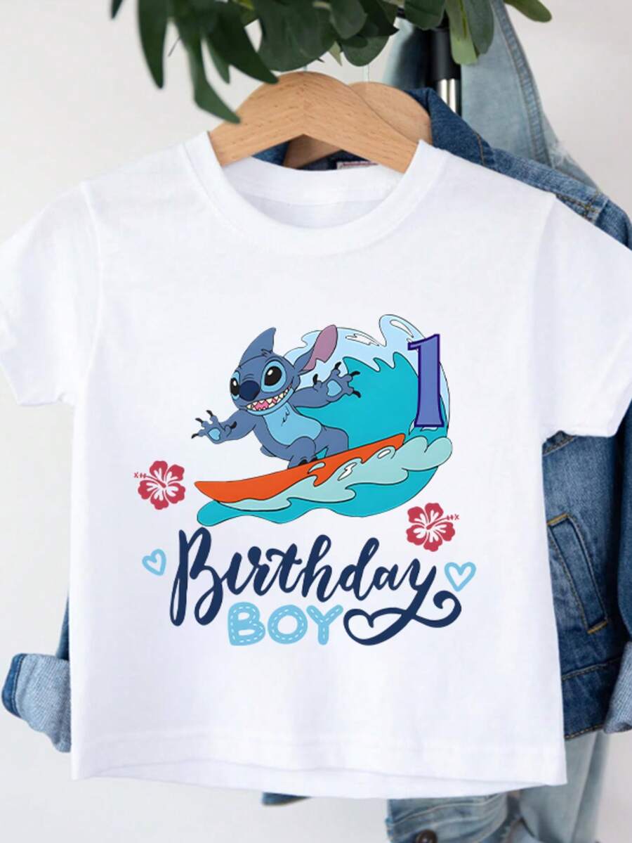 Disney Lilo & Stitch 1st Birthday Boy Toddler T-Shirt, Surfing Stitch Graphic Tee For Baby Boys 6-36 Months, Short Sleeve Casual Top For Birthday Party & Daily Wear, Express Delivery - trắng - Xem 1