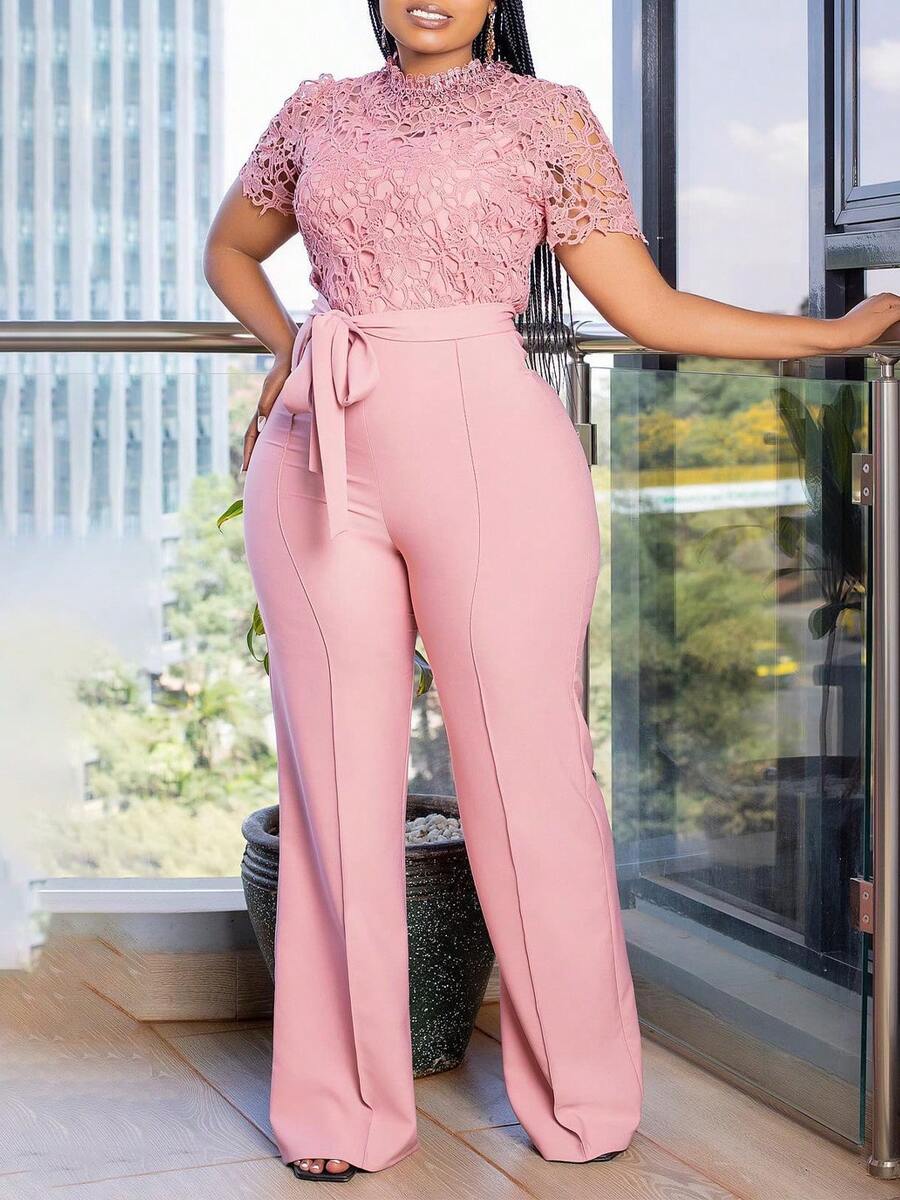 Nuevo Mono Mujer Estilo Europeo Americano Encaje Hueco Manga Corta Cintura Alta Con Cordones Pierna Ancha Sexy - Rosa - Ver 1