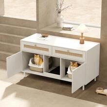 Cat Litter Box Cabinet With Litter Mat, Pet Cabinet With Rattan Drawer, Pet Sideboard/TV Cabinet, Without Litter Box, 120x50x65 Cm - White - View 7