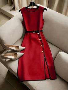 Vestido sin mangas de color albaricoque con cuello redondo, ribete negro y cinturón, de estilo minimalista y versátil, para primavera/verano - Rojo - Ver 6